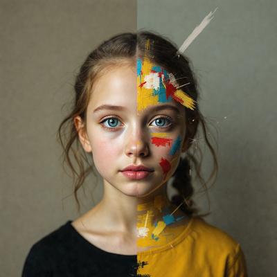 The primary subject of the image is a young girl with a yellow shirt and a blue shirt. The setting is a room with a wall, and the visual style is a combination of a photo and digital art. The girl is painted with a colorful design, and the dominant colors are yellow and blue. The overall atmosphere of the image is vibrant and artistic.